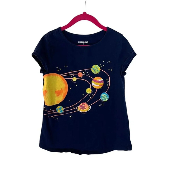 Land's End Girls T Shirt Small 7-8 Planets Space Glitter Colorful Stars Sun Navy - Picture 1 of 4